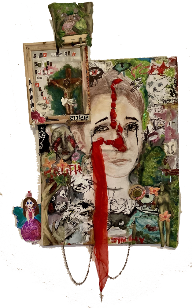 ‘protest songs, to try and stop the soldiers' guns’ - 22x38" collage painting