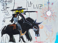 Abstract artwork with a cowboy figure on a bull, text, and various shapes.