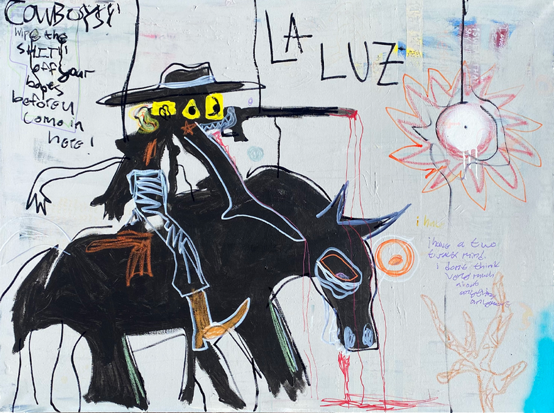 Abstract artwork with a cowboy figure on a bull, text, and various shapes.